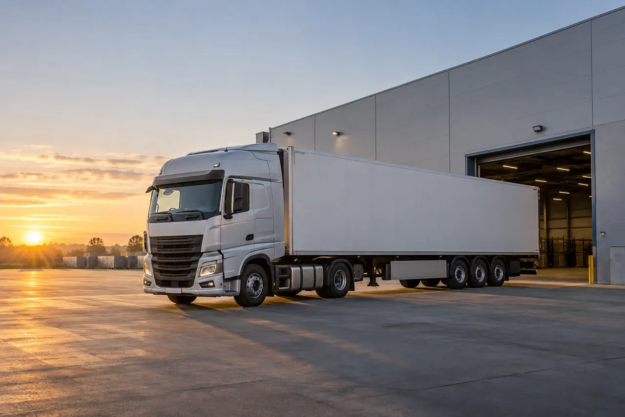 Un tráiler completo sale de una nave industrial al amanecer.